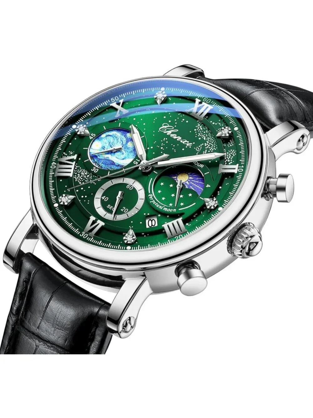 Men's Silver Green Leather Multifunctional Military Analog Chronograph Watch